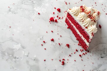 Wall Mural - A slice of red velvet cake with creamy white frosting and fresh raspberries