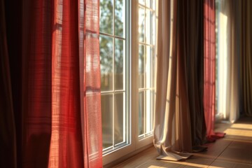 Poster - A warm and cozy scene with sunlight shining through window curtains, ideal for use in interior design or home decor projects