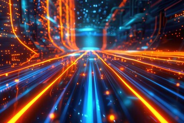 Poster - A futuristic cityscape with bright lights and buildings at night, perfect for use in sci-fi or urban themed projects