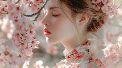 Poster - A woman sitting in contemplation in front of a flowering tree, possibly seeking peace or inspiration