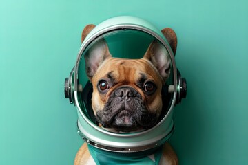 Canvas Print - A cute French Bulldog in an astronaut helmet against a solid green background