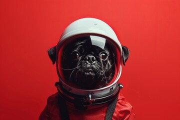 Wall Mural - A cute Pug in a space helmet against a solid red background in a minimalist style