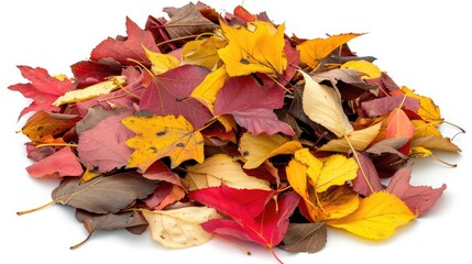 Poster - A stack of vibrant autumn leaves on a clean white surface, perfect for fall-themed designs or as a symbol of change and new beginnings