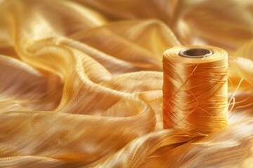 Poster - A spool of thread resting on a bright yellow fabric, perfect for sewing or crafting projects
