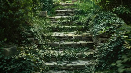 Aufkleber - A scenic view of stone steps surrounded by lush greenery