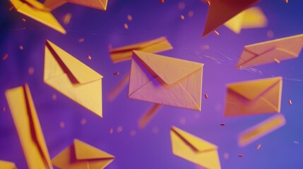 Poster - A bunch of yellow envelopes flying through the air, perfect for depicting communication, messaging, or mail delivery concepts