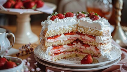 Canvas Print - A mouthwatering photo of a strawberry meringue cake, with layers of Greek-style decorated