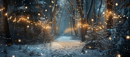 Sticker - A snowy path leading through a forest, illuminated by fairy lights hanging from the trees