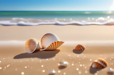 Wall Mural - Beautiful sunny beach with sea waves, golden sand and shells. Vacation on a paradise island