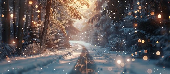 Poster - A snowy road in the forest at night with glowing lights and snowflakes falling