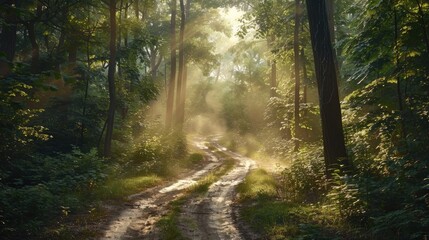Poster - A dirt road winding through dense forest foliage