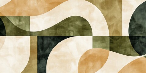 Wall Mural - Abstract geometric shapes in olive green, beige and white on an off-white background