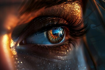 Poster - style illustration of a woman s eye in close up, featuring detailed and intricate makeup, highly
