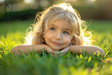 Wall Mural - A little blonde girl lying on the grass