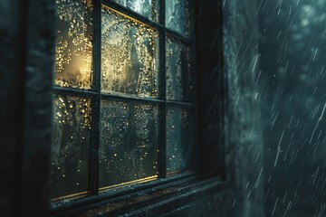 Poster - A window with rain pouring down, ideal for weather or interior scenes