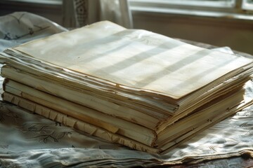 Poster - Stack of vintage documents and books on a wooden surface, perfect for historical or nostalgic concepts