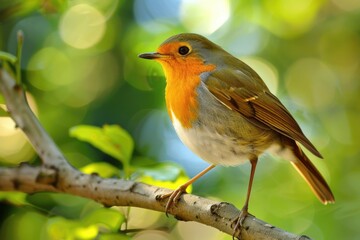 Poster - A small bird sits perched on a branch of a tree, surrounded by leaves and possibly some fruit
