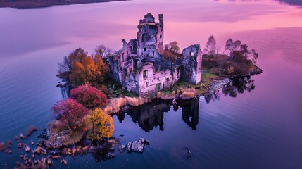 Wall Mural - Aerial drone view of an old, lonely castle on an island during twilight. The castle is partially in