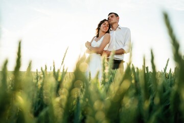 Wall Mural - High wheat. Lovely couple are on the agricultural field together