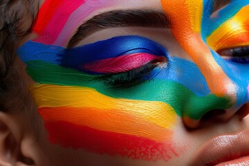 Poster - Artistic LGBT makeup on a beautiful face, showcasing a vibrant and seamless rainbow pattern, bold