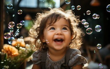 Poster - A cute baby girl with curly hair smiles and laughs as she blows bubbles outdoors on a sunny summer day