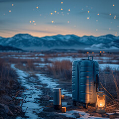 Wall Mural - Silver suitcase in the field at sunset