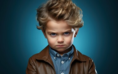 A young baby boy with blonde hair poses in a studio with a blue background. He is wearing a brown jacket over a blue shirt and looks unhappy