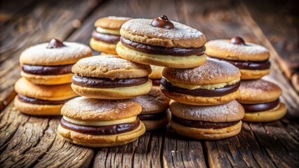 Delightful cookies with soft vanilla souffle and rich dark chocolate, perfectly arranged on a rustic wooden background, tempting the senses.