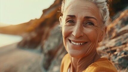 Sticker - Radiant Senior Woman Enjoying Sunset at Beach