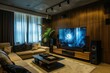 © Анатолий Сав - A stylish living room with large windows, a comfortable sectional sofa, and a modern home theater setup featuring a large, bright smart TV and powerful speakers. Generative AI