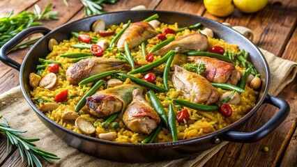 Romatic Spanish Paella With Chicken, Green Beans, Almonds, And Vegetables In A Large Pan