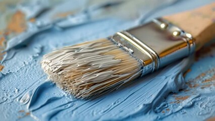 Aufkleber - This Close-up of an artistic brush stirring vibrant paint colors on a palette.