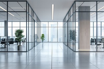 Aufkleber - A beautiful background of a modern office interior in gray and blue tones, featuring panoramic