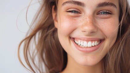 Wall Mural - A young woman with freckles smiles directly at the camera in a friendly and approachable manner