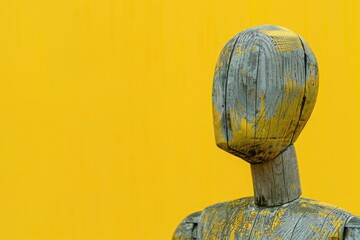 Poster - A close-up shot of a wooden figure set against a bright yellow background