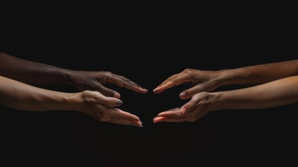 Black and white photo of a group of diverse hands reaching out to one another in unity. AIG535