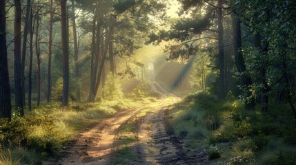 Poster - A dirt road winding through a dense forest with trees and foliage on either side