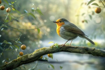 Poster - A small bird sitting on a branch of a tree, ready to take flight
