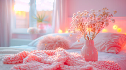 Wall Mural - Bouquet of white flowers standing on bed with pink knitted plaid in sunny bedroom