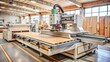 © Wanlop - High-precision CNC wood cutting machine with numerical control panel and spinning cutting tool, surrounded by wooden workpieces and metal fixtures.