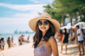 Thai woman standing vacation beach smile. 