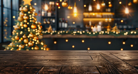 Una mesa de madera para mostrar productos comerciales, sobre fondo con árbol de navidad decorado e interior de establecimiento comercial con luces navideñas encendidas durante la noche