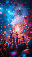 Poster - crowd of people in Large festival celebration scene , background with lights