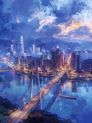 Poster - Illustration of watercolor city night scene