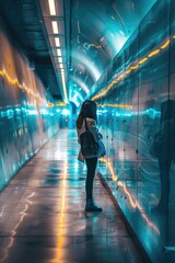 Poster - A woman stands in a tunnel, focused on her phone