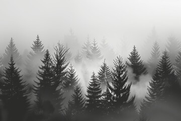 Wall Mural - A foggy monochrome pine forest, illustrated in a flat style, tall trees shrouded in mist, varying