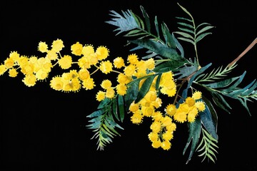 Poster - A branch of bright yellow flowers with lush green leaves on a stem