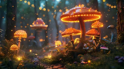 Canvas Print - A magical forest with glowing mushrooms and a stream.