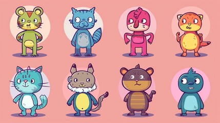 Poster - A set of eight cute cartoon animals on a pink background.