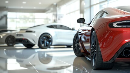 Poster - A red sports car in a car showroom.